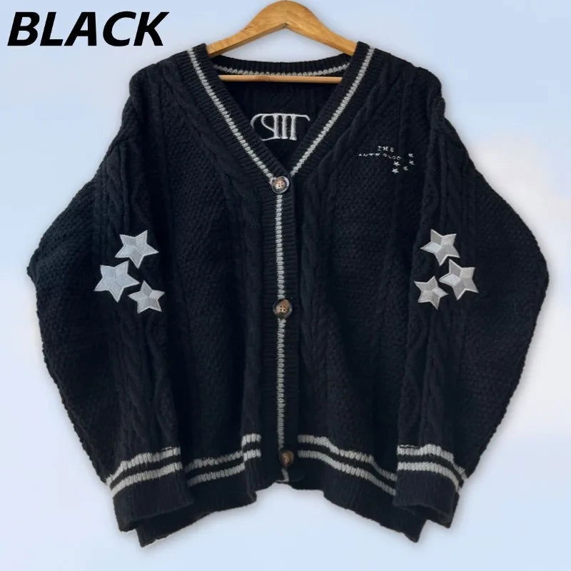 Back To School Warm Star Embroidered Loose Fit Women's Clothing Autumn Fashion Dark Brown Knitted Cardigan Women Sweater Y2k - CHRISTDEST GLOBAL SERVICE