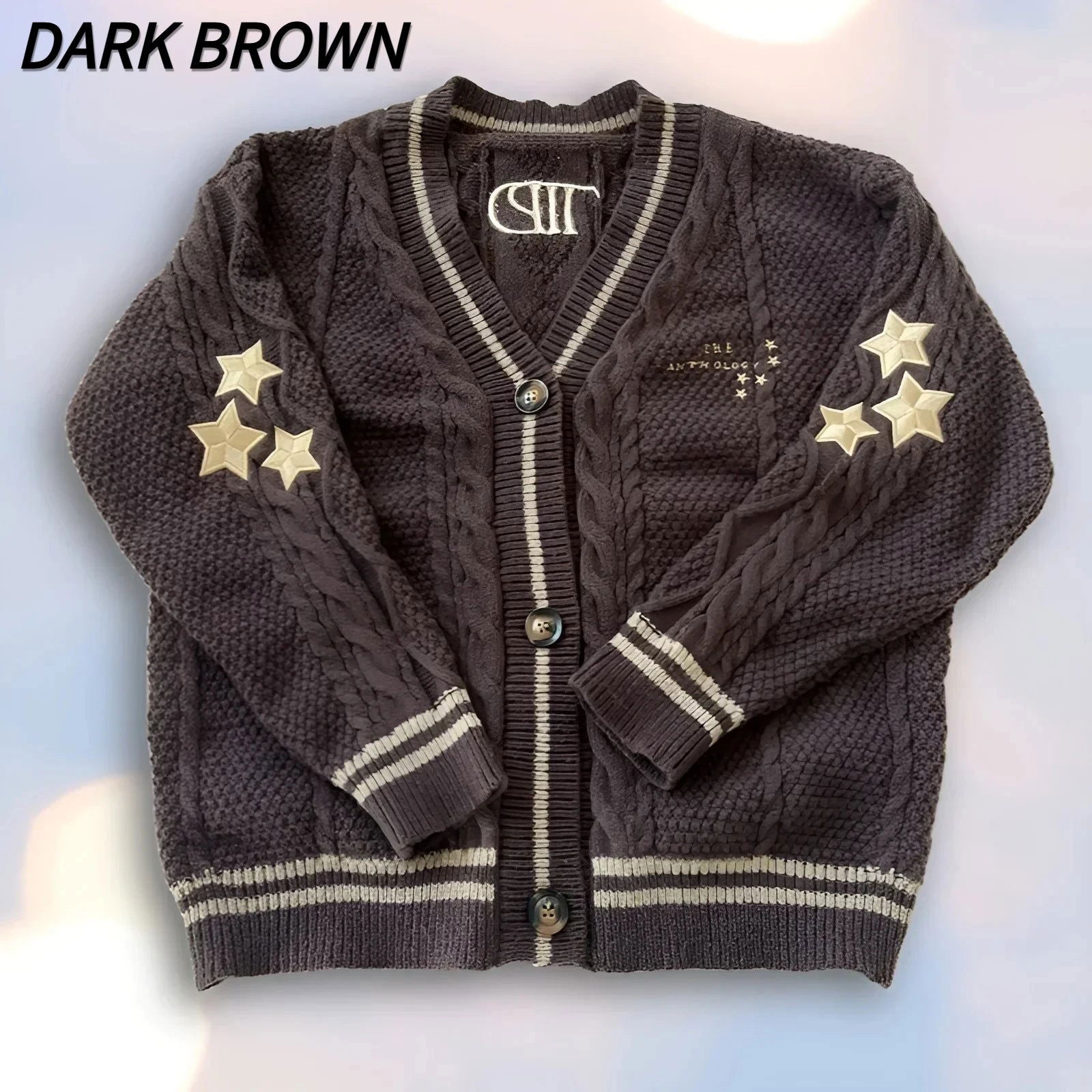 Back To School Warm Star Embroidered Loose Fit Women's Clothing Autumn Fashion Dark Brown Knitted Cardigan Women Sweater Y2k - CHRISTDEST GLOBAL SERVICE