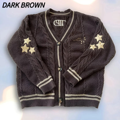 Back To School Warm Star Embroidered Loose Fit Women's Clothing Autumn Fashion Dark Brown Knitted Cardigan Women Sweater Y2k - CHRISTDEST GLOBAL SERVICE