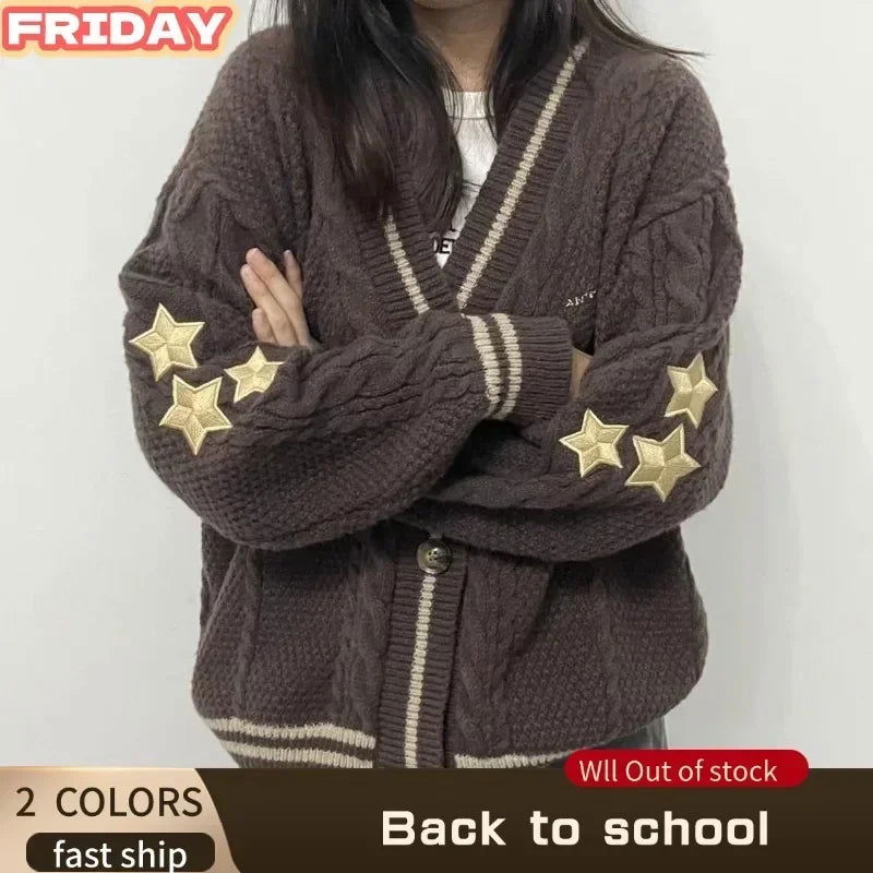 Back To School Warm Star Embroidered Loose Fit Women's Clothing Autumn Fashion Dark Brown Knitted Cardigan Women Sweater Y2k - CHRISTDEST GLOBAL SERVICE