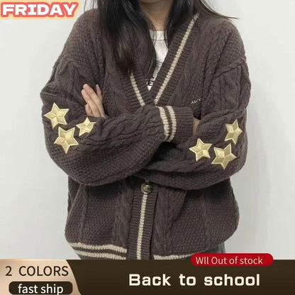 Back To School Warm Star Embroidered Loose Fit Women's Clothing Autumn Fashion Dark Brown Knitted Cardigan Women Sweater Y2k - CHRISTDEST GLOBAL SERVICE