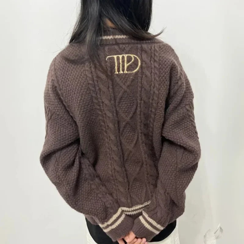 Back To School Warm Star Embroidered Loose Fit Women's Clothing Autumn Fashion Dark Brown Knitted Cardigan Women Sweater Y2k - CHRISTDEST GLOBAL SERVICE