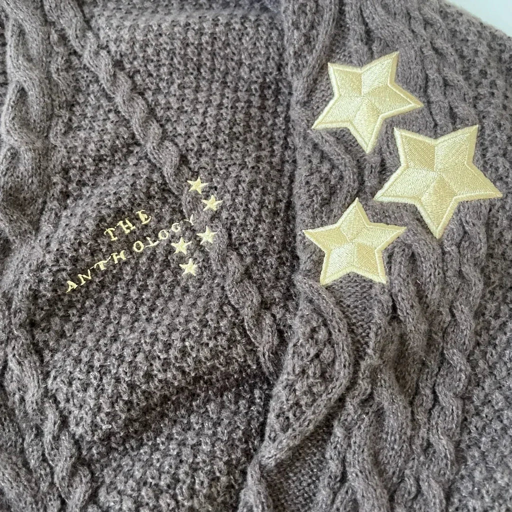 Back To School Warm Star Embroidered Loose Fit Women's Clothing Autumn Fashion Dark Brown Knitted Cardigan Women Sweater Y2k - CHRISTDEST GLOBAL SERVICE