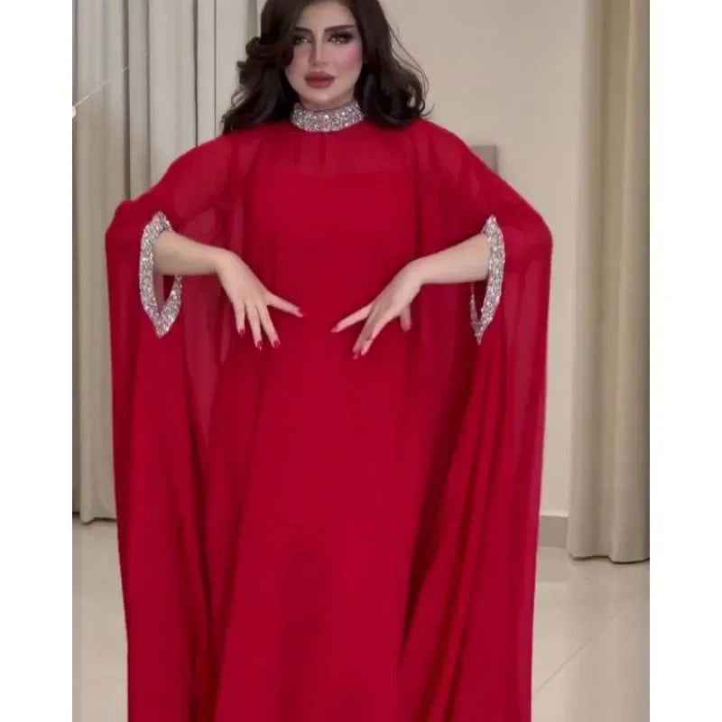 Banquet Evening Dress Two-Piece Set Outfits Y2K Cloak Sequin Chiffon Dress Women Batwing Sleeve Muslim Abaya Caftan Robe - CHRISTDEST GLOBAL SERVICE