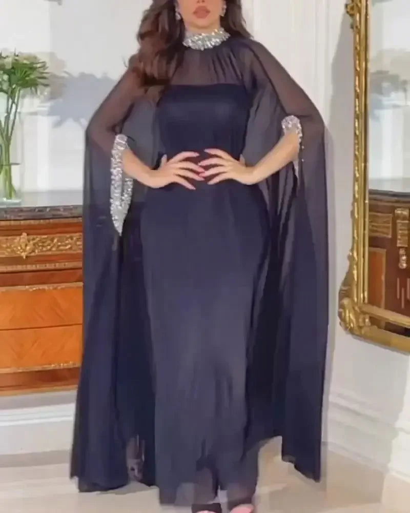 Banquet Evening Dress Two-Piece Set Outfits Y2K Cloak Sequin Chiffon Dress Women Batwing Sleeve Muslim Abaya Caftan Robe - CHRISTDEST GLOBAL SERVICE