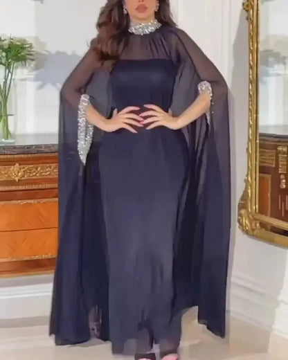 Banquet Evening Dress Two-Piece Set Outfits Y2K Cloak Sequin Chiffon Dress Women Batwing Sleeve Muslim Abaya Caftan Robe - CHRISTDEST GLOBAL SERVICE