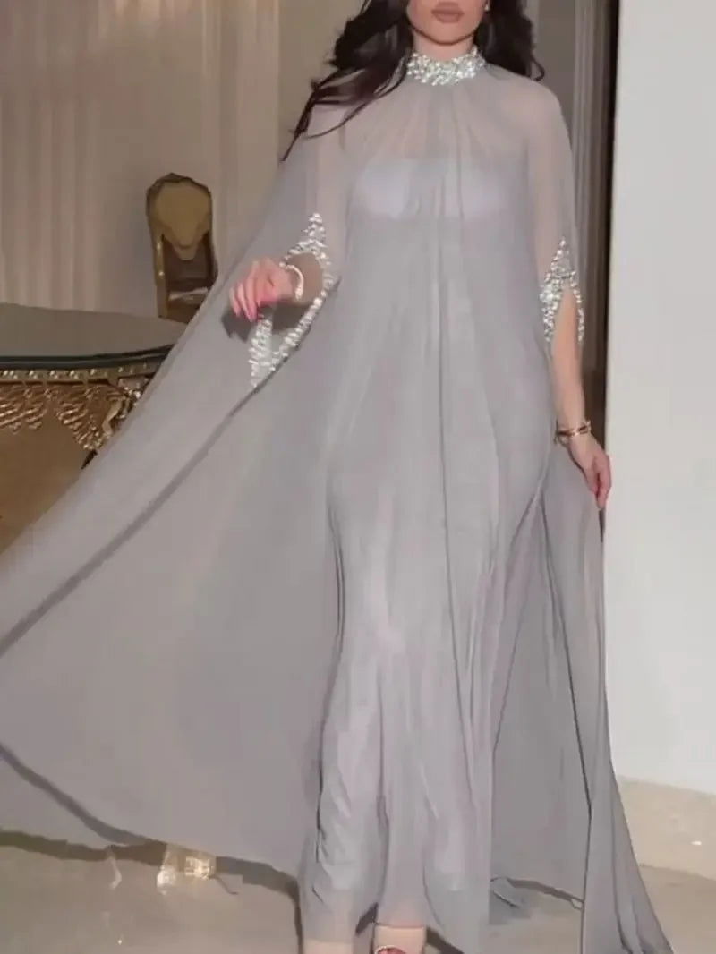 Banquet Evening Dress Two-Piece Set Outfits Y2K Cloak Sequin Chiffon Dress Women Batwing Sleeve Muslim Abaya Caftan Robe - CHRISTDEST GLOBAL SERVICE