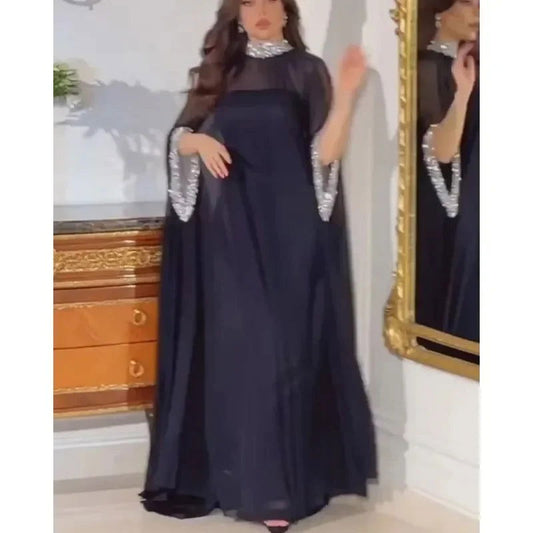 Banquet Evening Dress Two-Piece Set Outfits Y2K Cloak Sequin Chiffon Dress Women Batwing Sleeve Muslim Abaya Caftan Robe - CHRISTDEST GLOBAL SERVICE