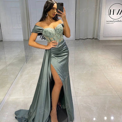 Beautiful Women's Mermaid Elegant Evening Dresses Off The Shoulder Appliques Prom Gowns Side High Split فساتين سهره شارون سعيد - CHRISTDEST GLOBAL SERVICE