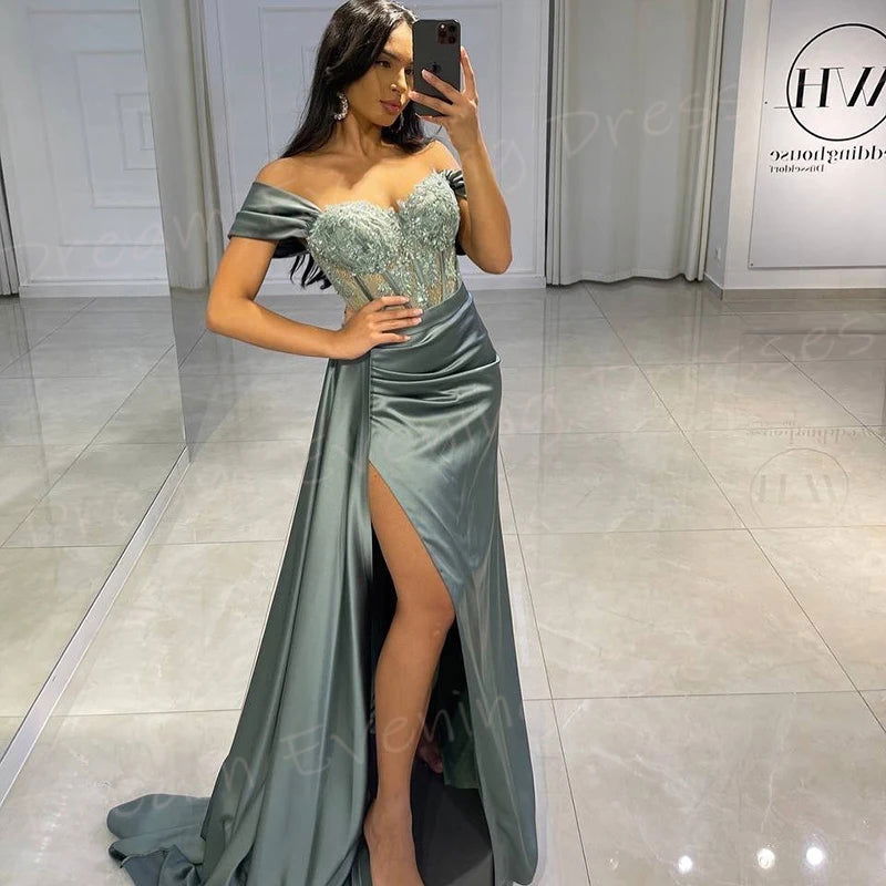 Beautiful Women's Mermaid Elegant Evening Dresses Off The Shoulder Appliques Prom Gowns Side High Split فساتين سهره شارون سعيد - CHRISTDEST GLOBAL SERVICE
