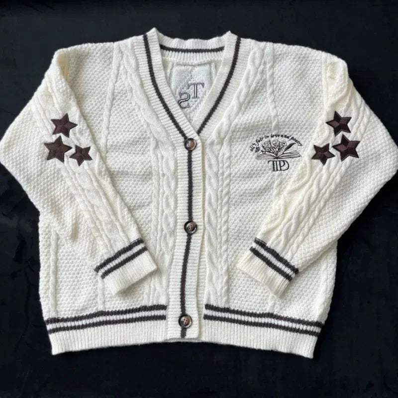 Book Knitted Cardigan Women Autumn Winter Flowers Star Embroidery Cardigans Female Warm Soft Long Sleeves Sweater Tops for Girl - CHRISTDEST GLOBAL SERVICE