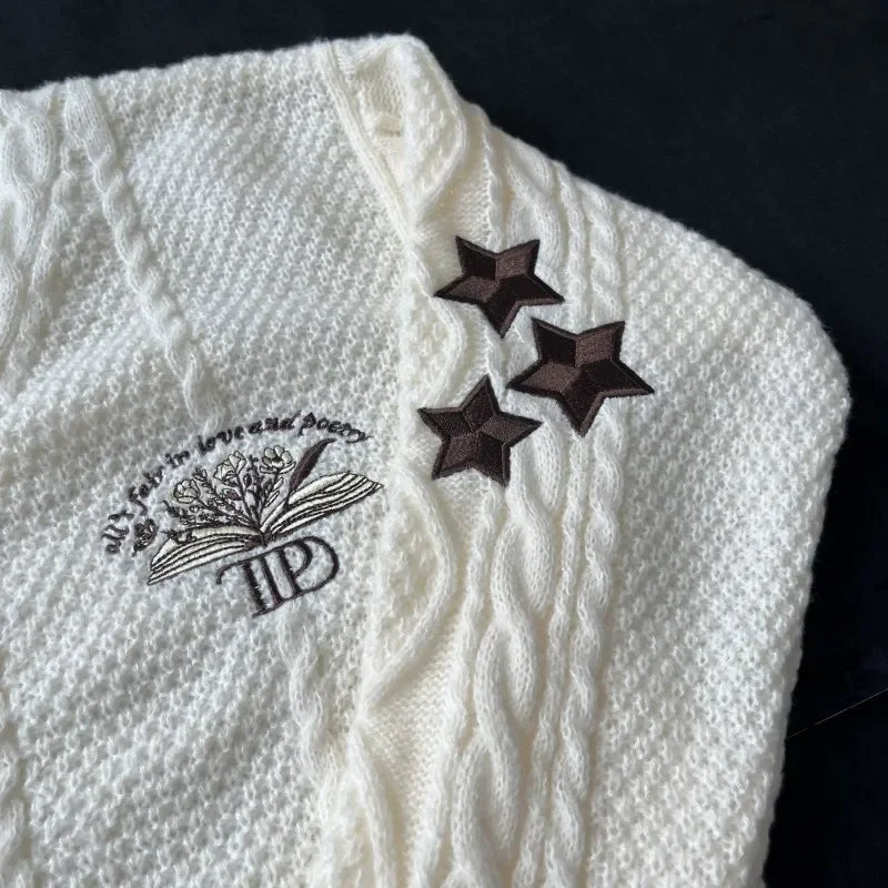 Book Knitted Cardigan Women Autumn Winter Flowers Star Embroidery Cardigans Female Warm Soft Long Sleeves Sweater Tops for Girl - CHRISTDEST GLOBAL SERVICE