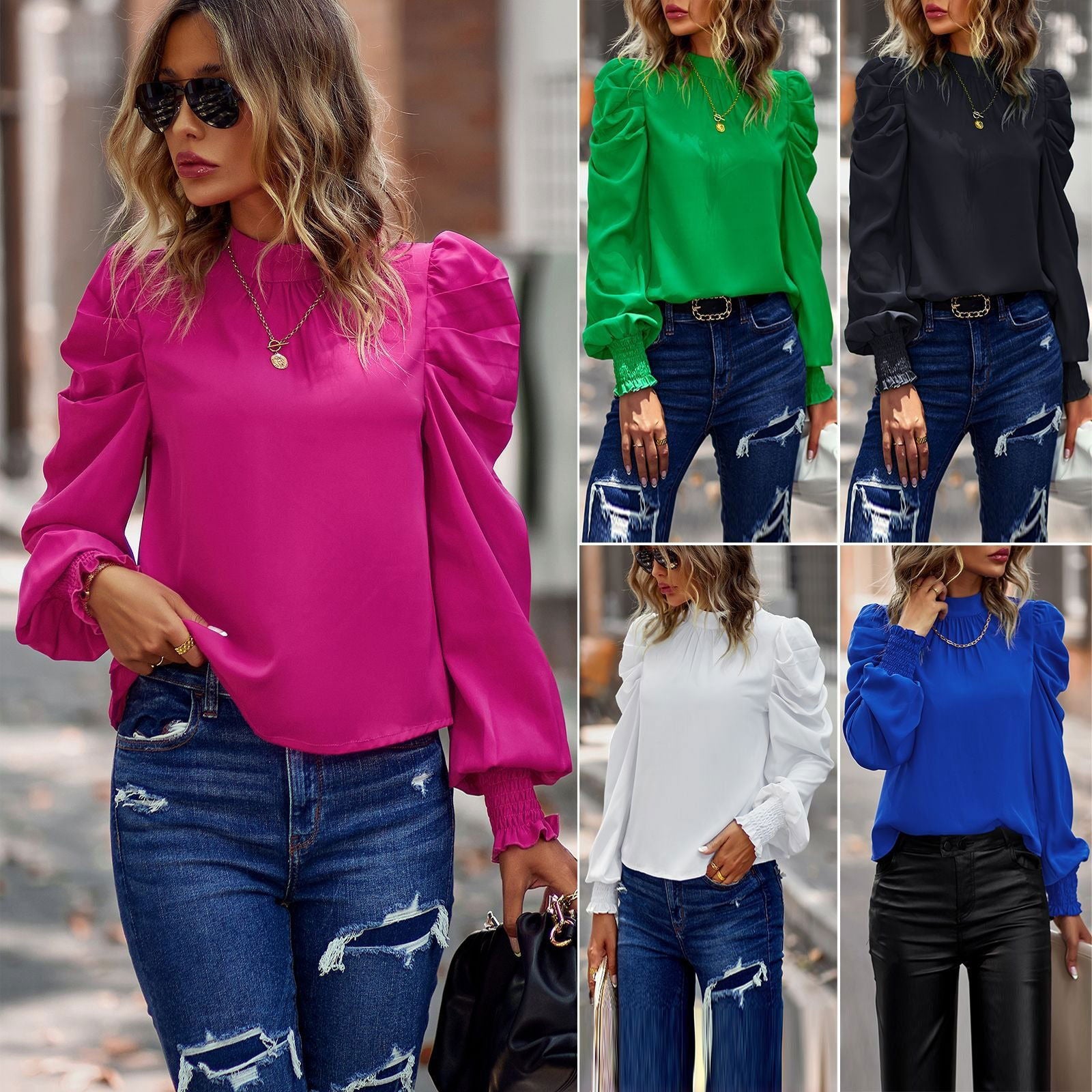 Bubble sleeve style commuter top solid color casual shirt for women - CHRISTDEST GLOBAL SERVICE