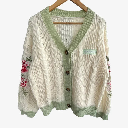 Butterfly Embroidered Cardigan Women Dark Green Letter Patch Knitted Cardigan Tops Female Autumn Winter Fashion Soft Sweaters - CHRISTDEST GLOBAL SERVICE