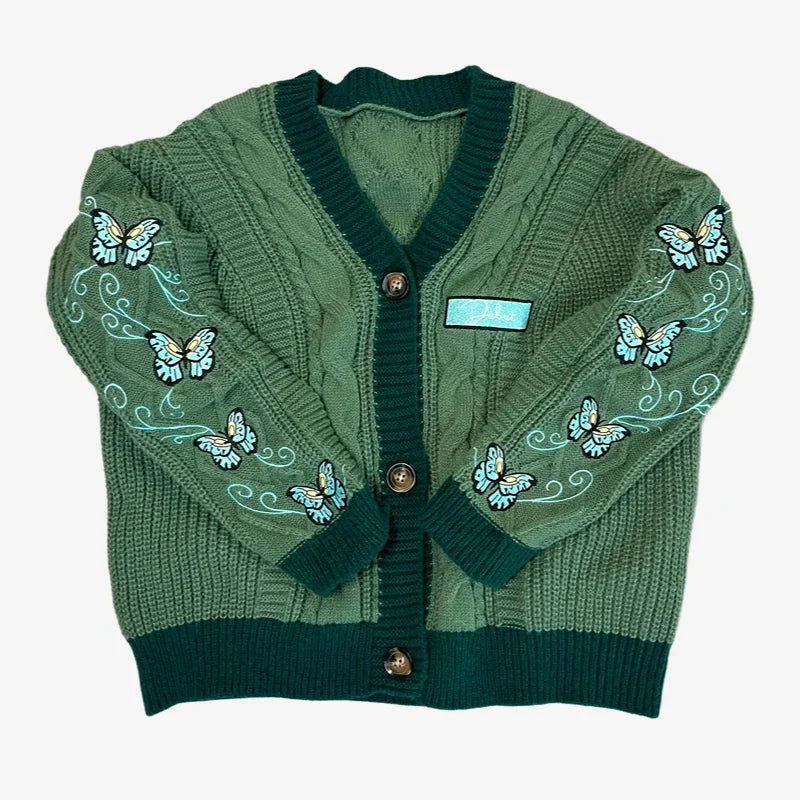 Butterfly Embroidered Cardigan Women Dark Green Letter Patch Knitted Cardigan Tops Female Autumn Winter Fashion Soft Sweaters - CHRISTDEST GLOBAL SERVICE
