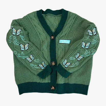 Butterfly Embroidered Cardigan Women Dark Green Letter Patch Knitted Cardigan Tops Female Autumn Winter Fashion Soft Sweaters - CHRISTDEST GLOBAL SERVICE