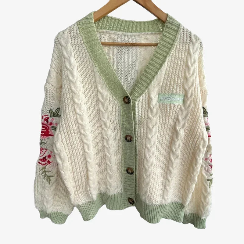 Butterfly Embroidered Cardigan Women Dark Green Letter Patch Knitted Cardigan Tops Female Autumn Winter Fashion Soft Sweaters - CHRISTDEST GLOBAL SERVICE
