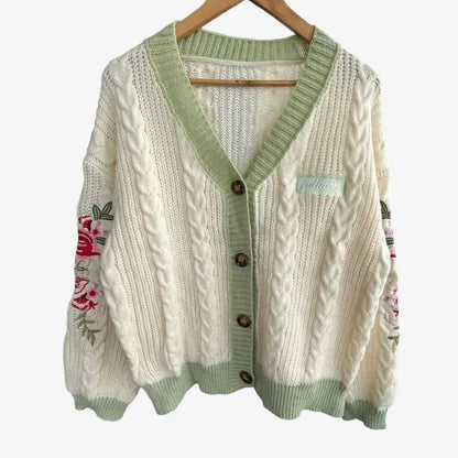Butterfly Embroidered Cardigan Women Dark Green Letter Patch Knitted Cardigan Tops Female Autumn Winter Fashion Soft Sweaters - CHRISTDEST GLOBAL SERVICE