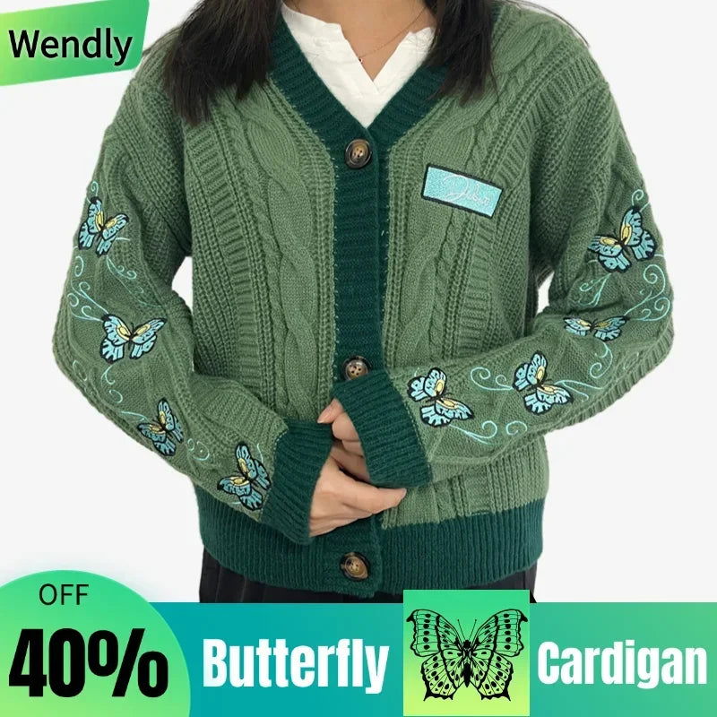 Butterfly Embroidered Cardigan Women Dark Green Letter Patch Knitted Cardigan Tops Female Autumn Winter Fashion Soft Sweaters - CHRISTDEST GLOBAL SERVICE