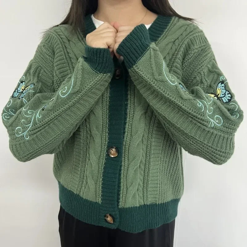 Butterfly Embroidered Cardigan Women Dark Green Letter Patch Knitted Cardigan Tops Female Autumn Winter Fashion Soft Sweaters - CHRISTDEST GLOBAL SERVICE