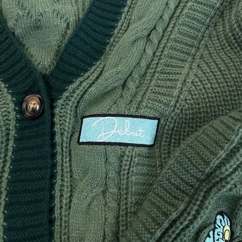 Butterfly Embroidered Cardigan Women Dark Green Letter Patch Knitted Cardigan Tops Female Autumn Winter Fashion Soft Sweaters - CHRISTDEST GLOBAL SERVICE