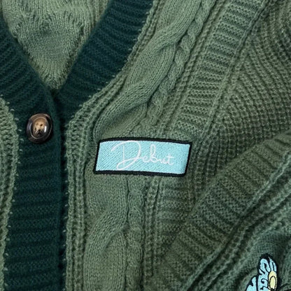Butterfly Embroidered Cardigan Women Dark Green Letter Patch Knitted Cardigan Tops Female Autumn Winter Fashion Soft Sweaters - CHRISTDEST GLOBAL SERVICE