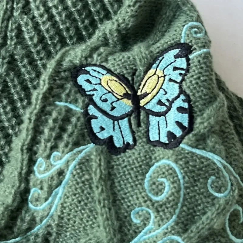 Butterfly Embroidered Cardigan Women Dark Green Letter Patch Knitted Cardigan Tops Female Autumn Winter Fashion Soft Sweaters - CHRISTDEST GLOBAL SERVICE