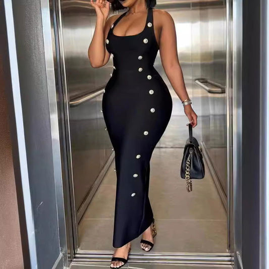 Button Slim Fit Tied High Waist Sexy Socialite Bandage Suspender Dress - CHRISTDEST GLOBAL SERVICE