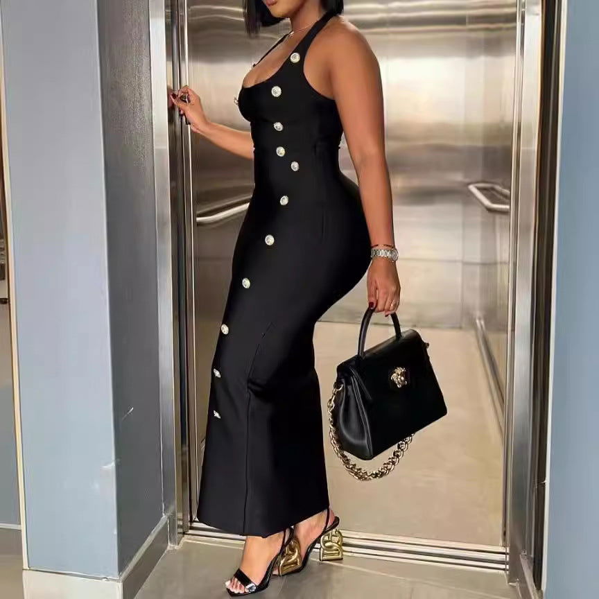 Button Slim Fit Tied High Waist Sexy Socialite Bandage Suspender Dress - CHRISTDEST GLOBAL SERVICE