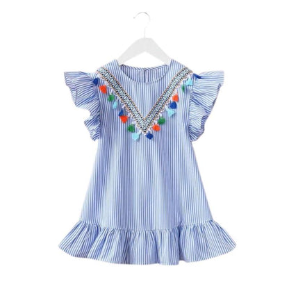 Summer Girls Tassel Flying Sleeve Dresses Stripe Cotton Cute Kids Party Dresses for Kids girls Princess Dress Tops Clothes