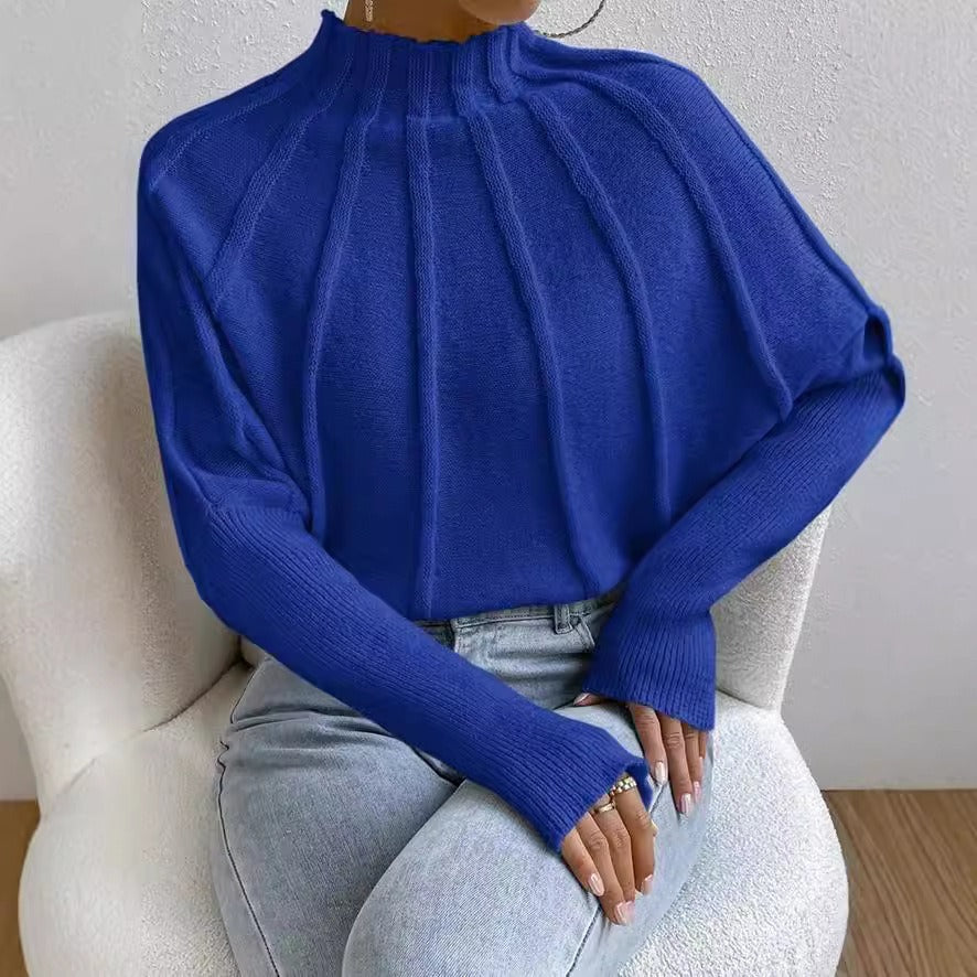 European and American semi high neck solid color versatile knitted pullover bat sleeve sweater for women