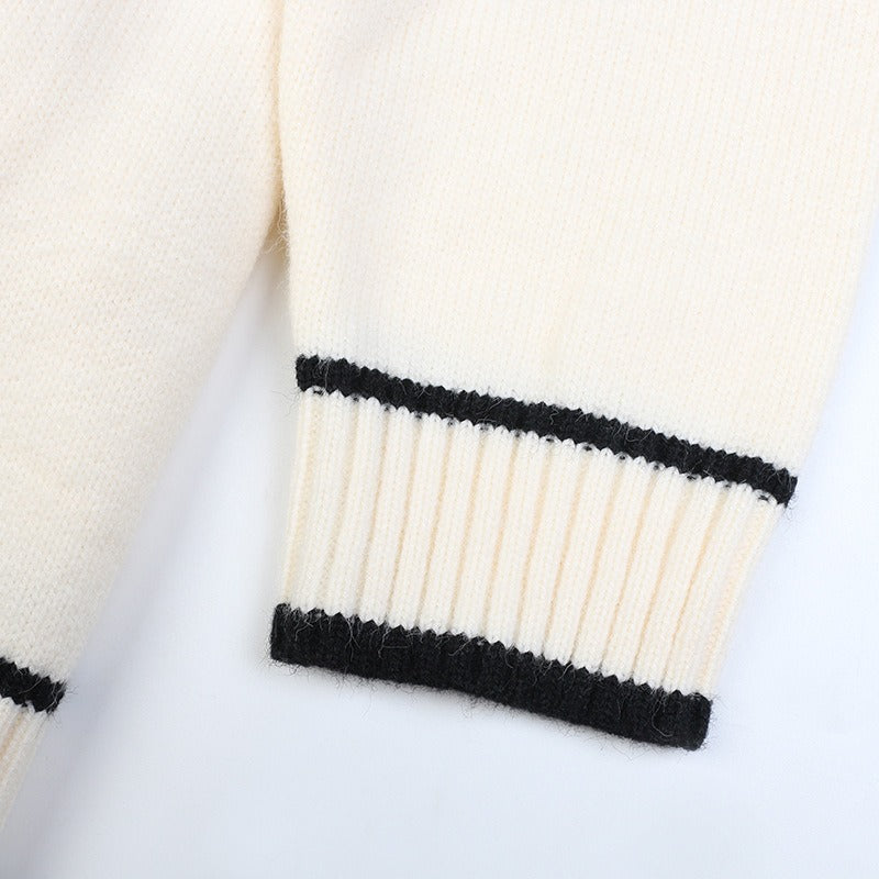 Trui V-hals lange mouwen middellange contrasterende gestreepte strik los gebreide cardigan