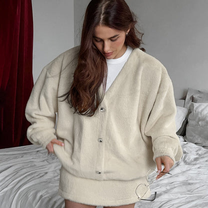 Fashion casual suit with lamb cashmere long sleeved short skirt for women