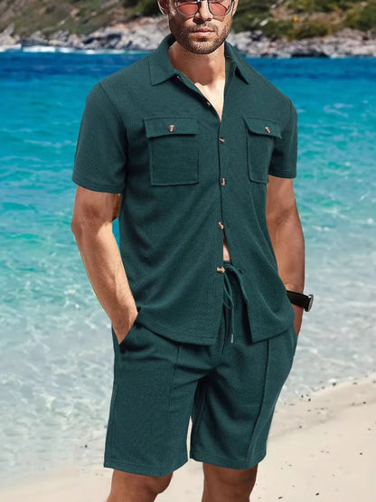 Men's Full Size Button Down Short Sleeve Top and Shorts Set Plus Size