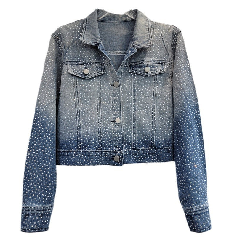 Women's Denim Coat Washed Gradient Blue Design Long Sleeve Full Diamonds Rhinestone Jackets  Autumn New Fashion
