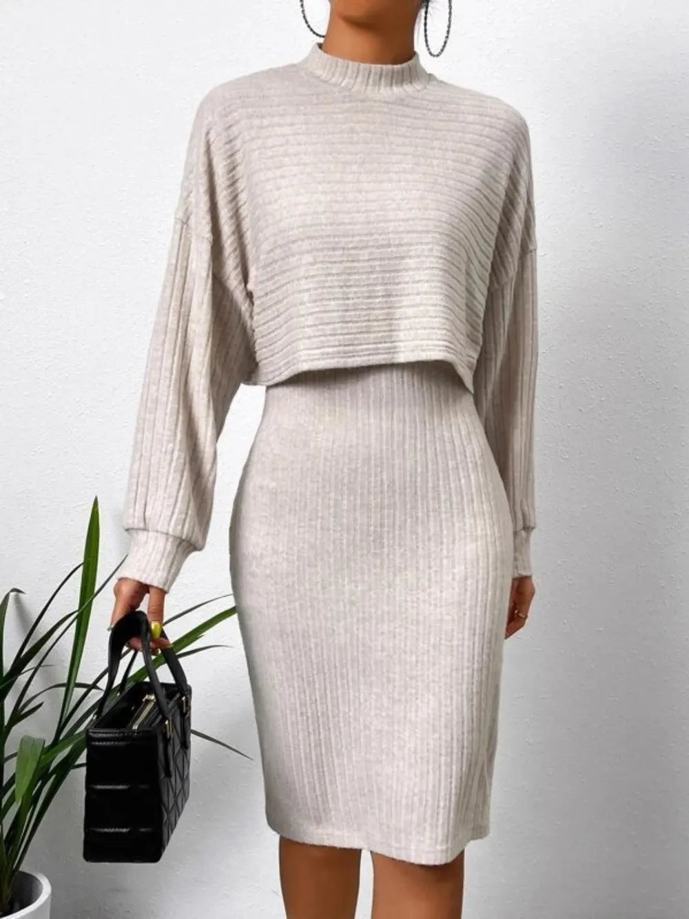 Neck Long Sleeve Top and Wide Strap Dress Set