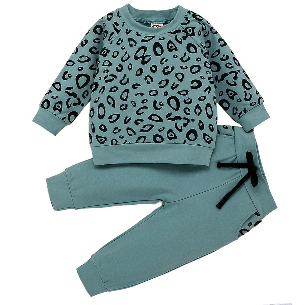 Kids Clothes Set Cartoon Print Baby Boy Girl Clothing Infant Baby Girl Boy Leopard Print T-shirt Sweater Coat Tops Pants Outfits