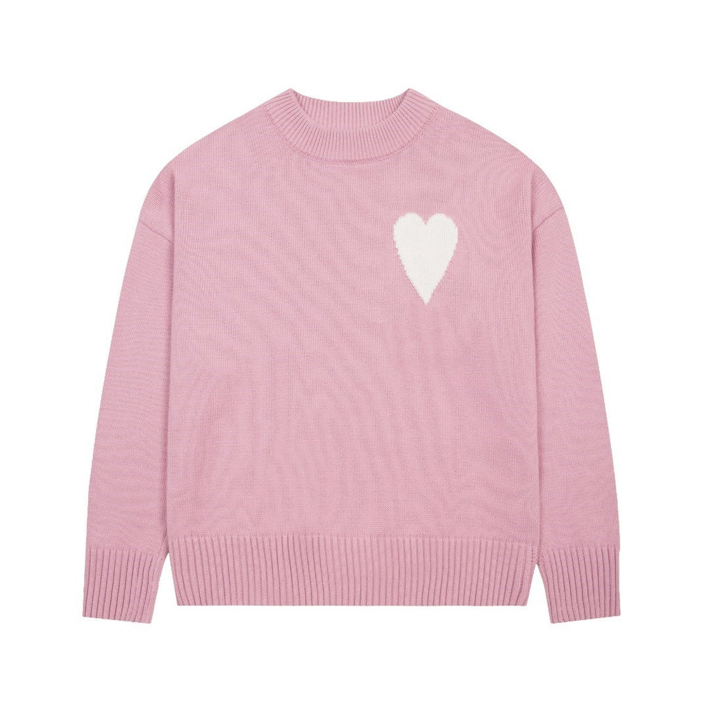 Big heart embroidered round neck sweater casual and versatile