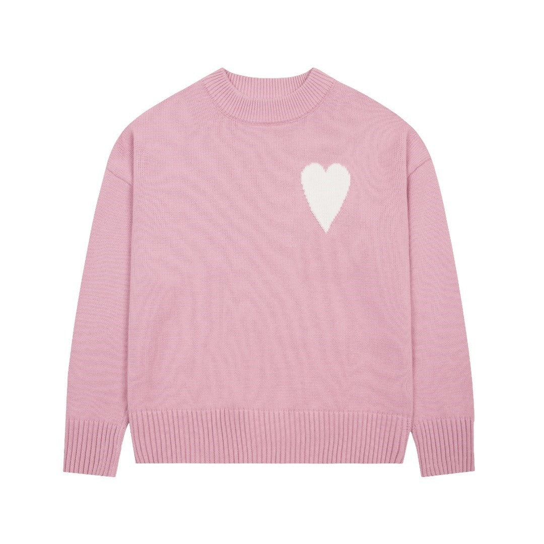 Big heart embroidered round neck sweater casual and versatile