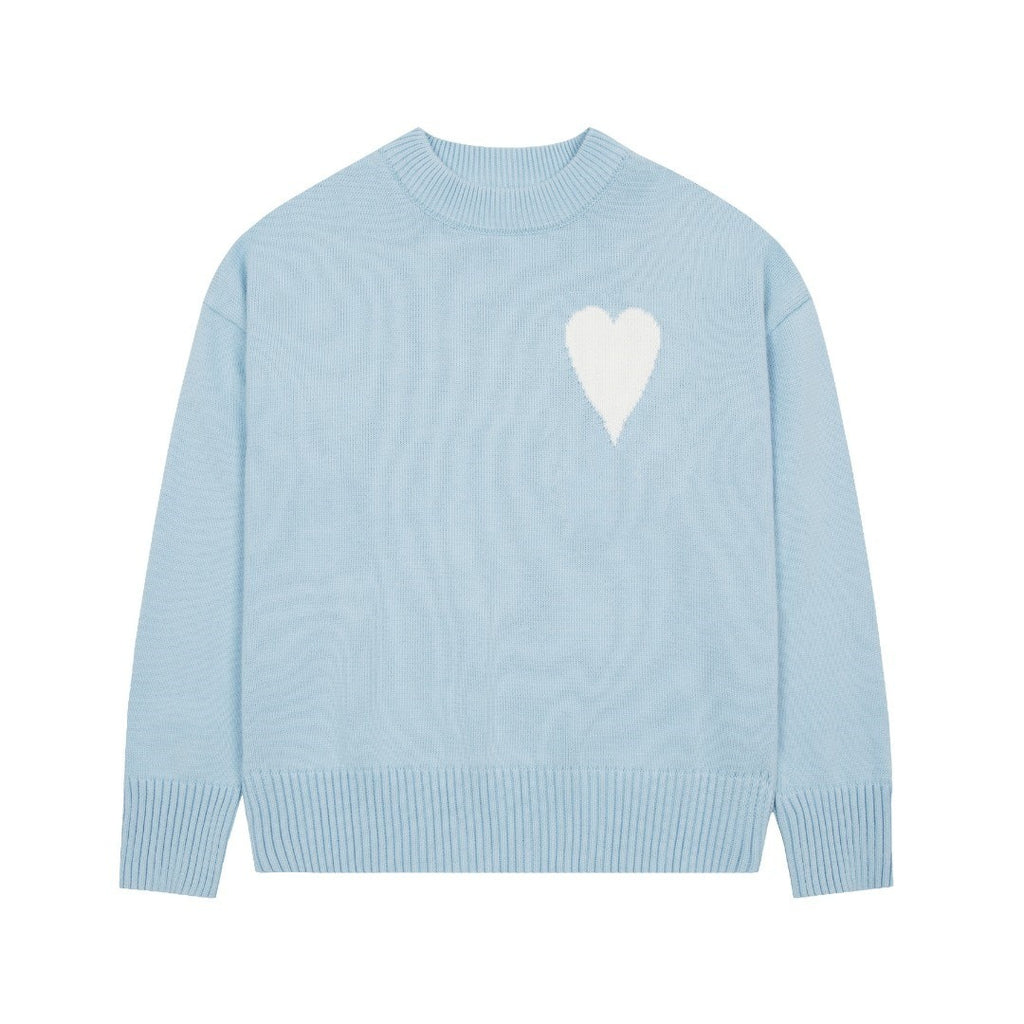 Big heart embroidered round neck sweater casual and versatile