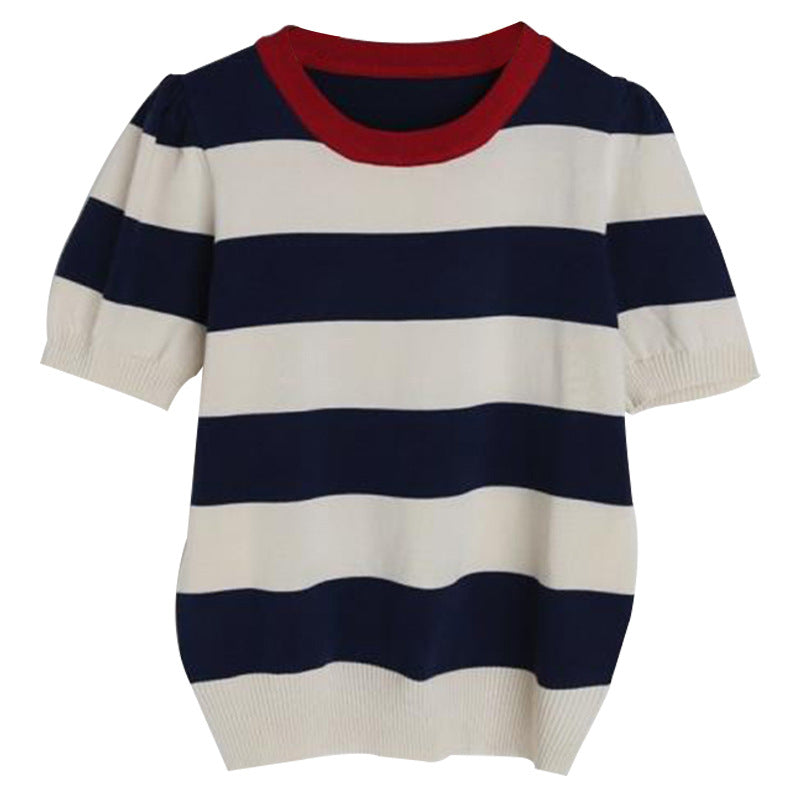 Summer Korean Knitted Striped T Shirts Tops Women Short Sleeve O-neck Casual Fashion Female Tees Pullovers T-shirts