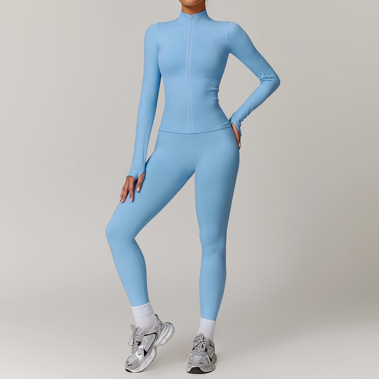Stand up collar zipper yoga suit jacket windproof slim fit warm top sports running set