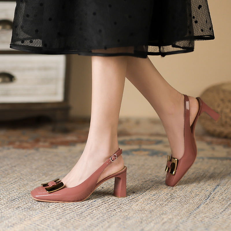 Chunky Heel Low-cut Square Toe Metal Buckle Slingback Sandals - CHRISTDEST GLOBAL SERVICE