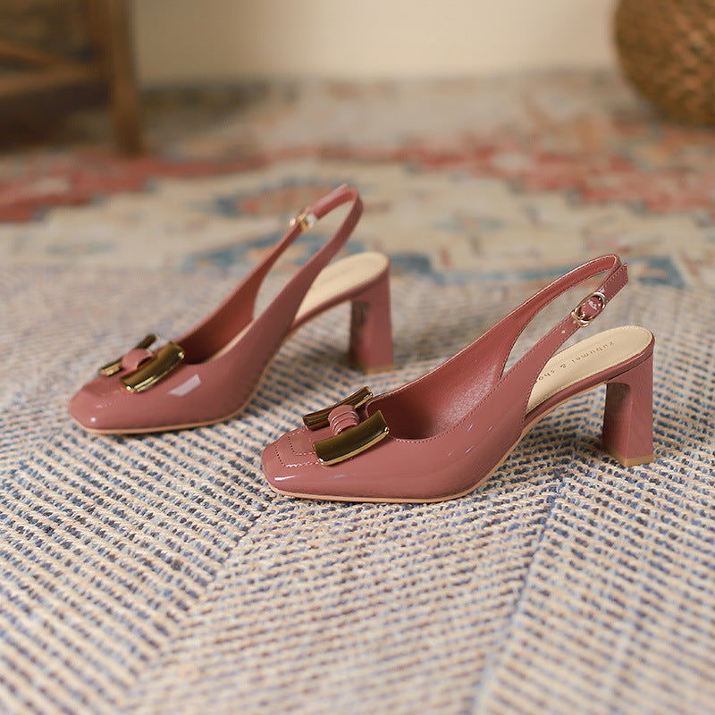 Chunky Heel Low-cut Square Toe Metal Buckle Slingback Sandals - CHRISTDEST GLOBAL SERVICE