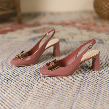 Chunky Heel Low-cut Square Toe Metal Buckle Slingback Sandals - CHRISTDEST GLOBAL SERVICE