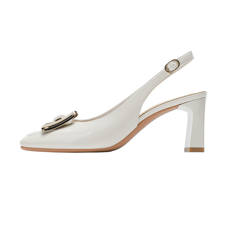Chunky Heel Low-cut Square Toe Metal Buckle Slingback Sandals - CHRISTDEST GLOBAL SERVICE