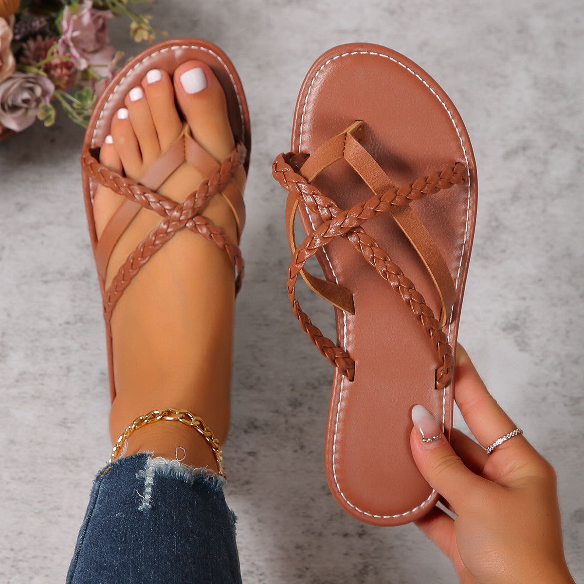 Cross-woven Design Thong Sandals Summer Flat Shoes Women Flip Flops Slides Casual Vacation Beach Slippers - CHRISTDEST GLOBAL SERVICE