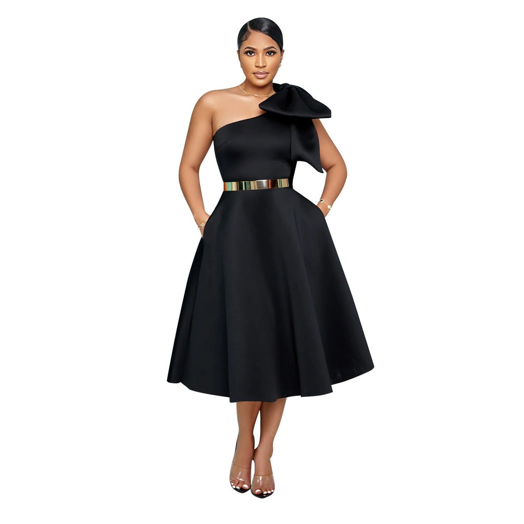 Cross Women's Fashion Solid Color Bow Splicing Sexy Single Shoulder Slant Collar Dress Dress - CHRISTDEST GLOBAL SERVICE