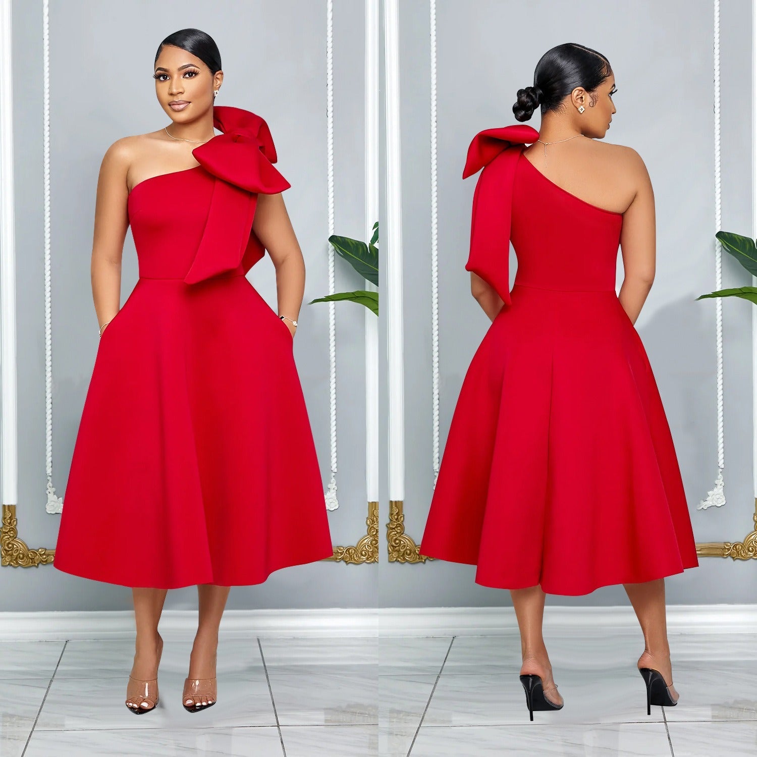 Cross Women's Fashion Solid Color Bow Splicing Sexy Single Shoulder Slant Collar Dress Dress - CHRISTDEST GLOBAL SERVICE