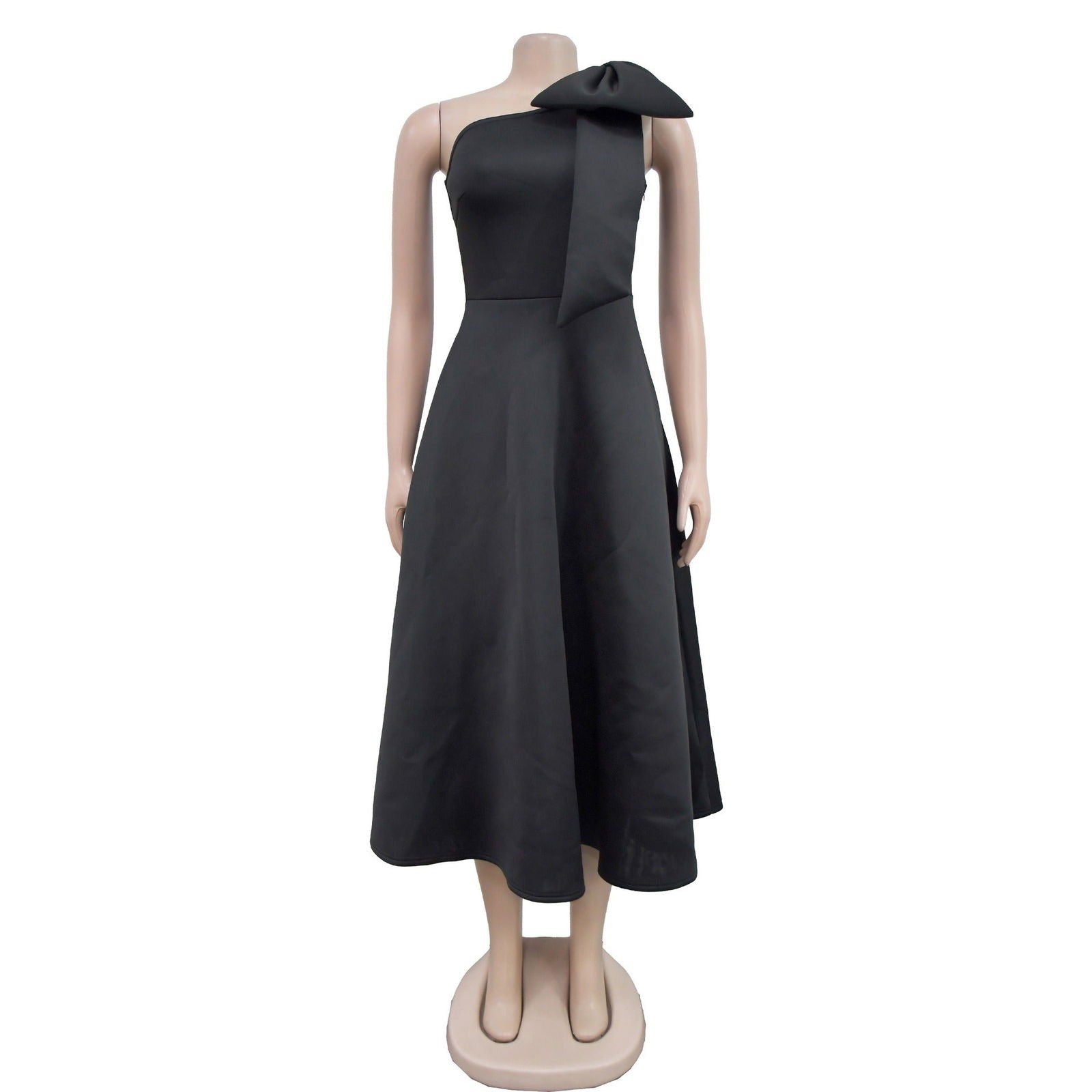 Cross Women's Fashion Solid Color Bow Splicing Sexy Single Shoulder Slant Collar Dress Dress - CHRISTDEST GLOBAL SERVICE